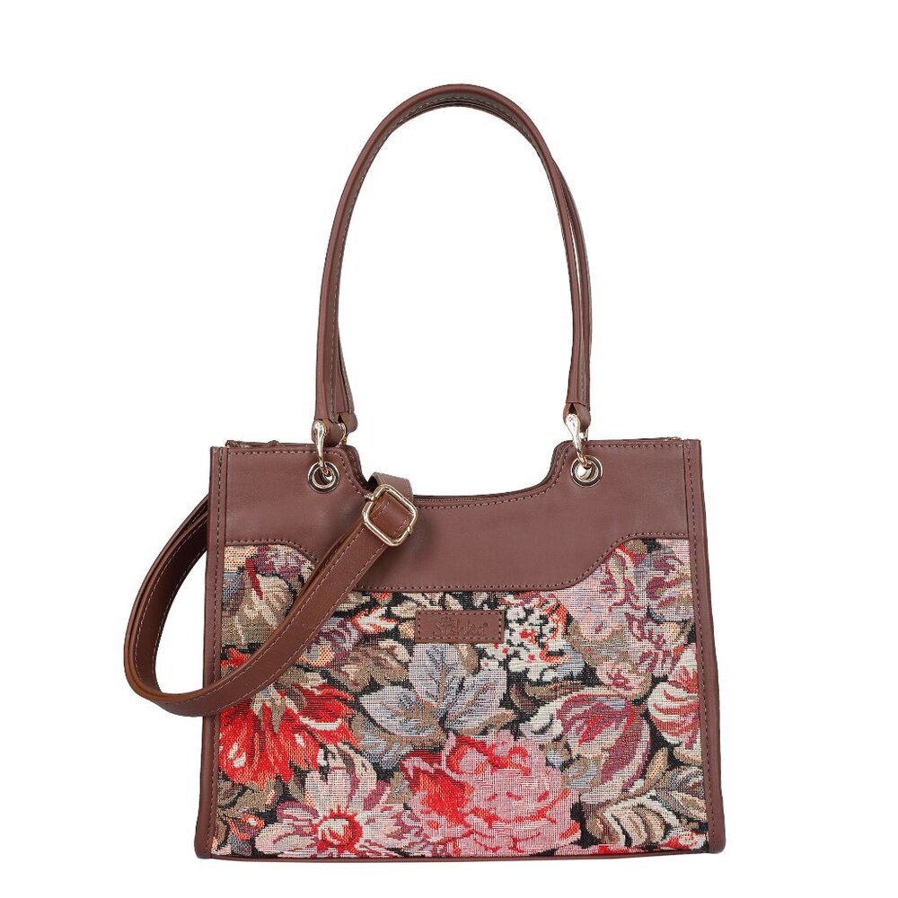 Ladies Floral Pattern Tapestry Fabric Top Handle Satchel Handbag & Crossbody Bag